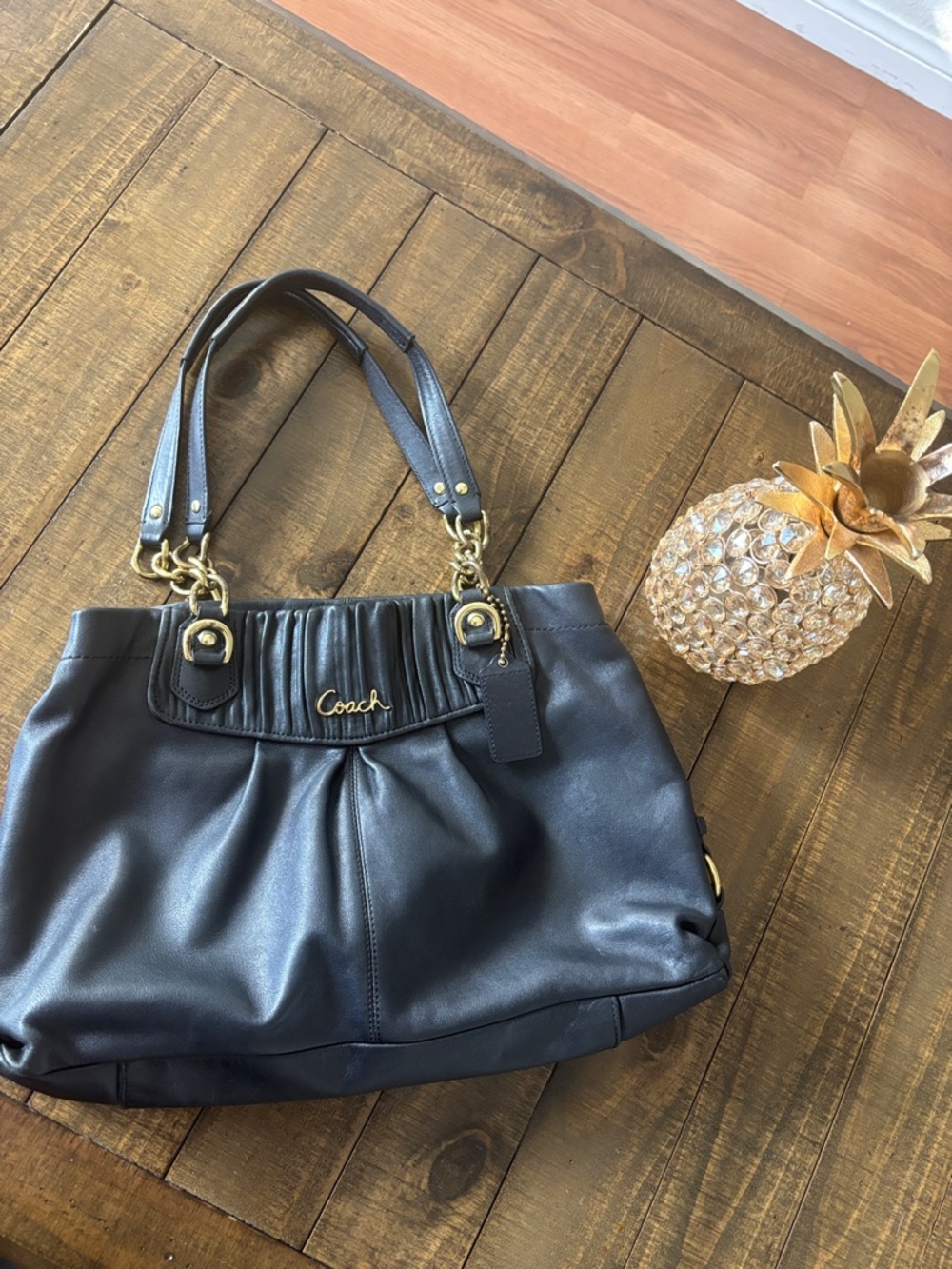 Coach Black Leather Shoulder Bag with Gold Hardware